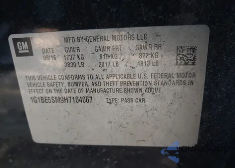 2017 Chevrolet Cruze Lt Auto from USA, damaged, VIN 1G1BE5SM9H7104067